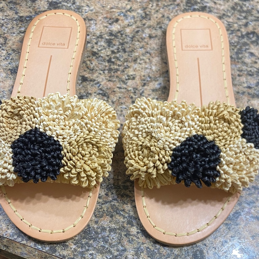 Dolce Vita Tan and Black Textured Slides
